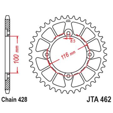 Фото Звезда задняя алюминиевая, 428-51T, серебро JT, Kawasaki KX85 01-25