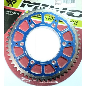 Фото Звезда задняя алюминиевая/стальная (гибрид), синяя 520-51T MINO, KTM SX(F)/EXC(F)125-505 02-, Husqvarna TC/TE/FC/FE125-505 14-, GasGas MC(F)/EC(F)125-505 21-